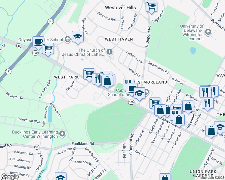 map of restaurants, bars, coffee shops, grocery stores, and more near 100 Simca Lane in Wilmington