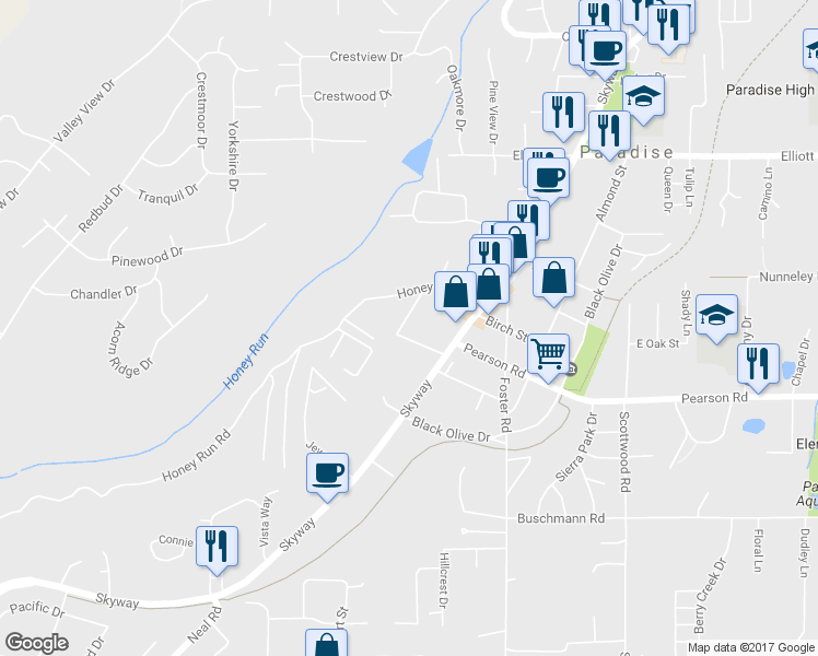 map of restaurants, bars, coffee shops, grocery stores, and more near 543 Barbara Way in Paradise