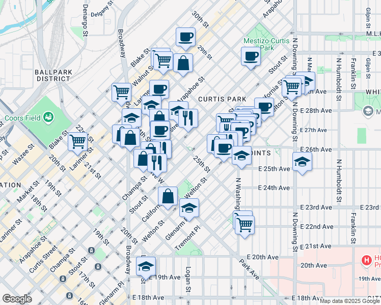 map of restaurants, bars, coffee shops, grocery stores, and more near Stout Street & 25th Street in Denver