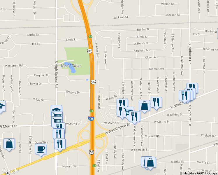 map of restaurants, bars, coffee shops, grocery stores, and more near 815 Cloverleaf Terrace in Indianapolis