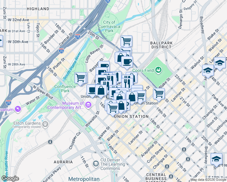 map of restaurants, bars, coffee shops, grocery stores, and more near in Denver