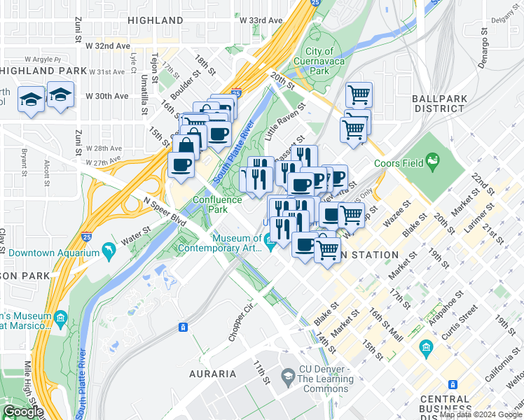 map of restaurants, bars, coffee shops, grocery stores, and more near 2100 16th Street Mall in Denver