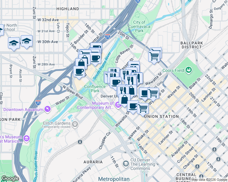 map of restaurants, bars, coffee shops, grocery stores, and more near 2100 16th Street Mall in Denver