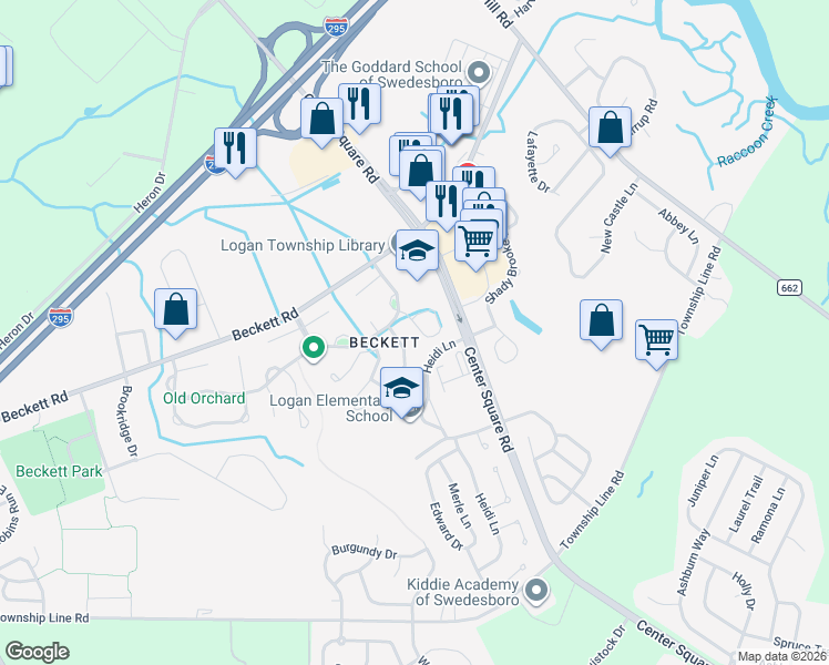 map of restaurants, bars, coffee shops, grocery stores, and more near in Logan Township
