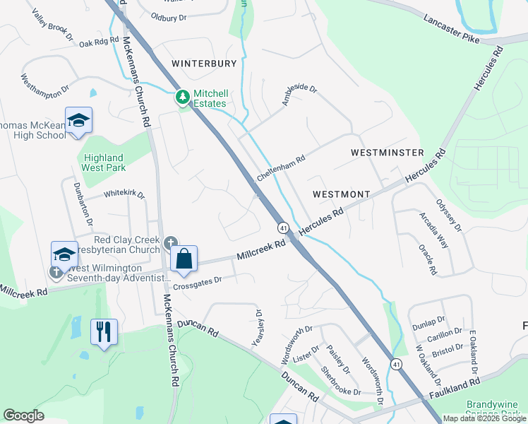 map of restaurants, bars, coffee shops, grocery stores, and more near 104 Bromley Drive in Wilmington