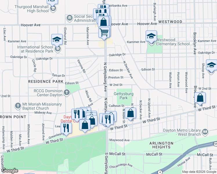 map of restaurants, bars, coffee shops, grocery stores, and more near 3804 West 2nd Street in Dayton