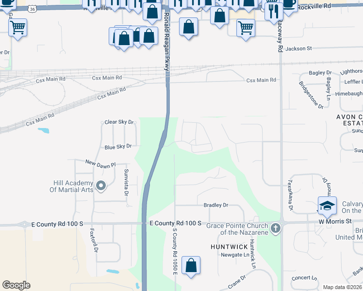 map of restaurants, bars, coffee shops, grocery stores, and more near 631 Ronald Reagan Parkway in Indianapolis