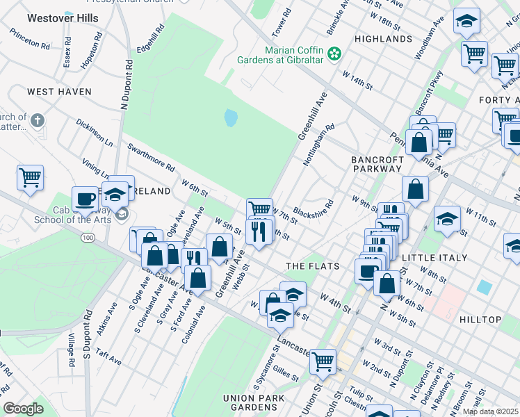 map of restaurants, bars, coffee shops, grocery stores, and more near 623 Greenhill Avenue in Wilmington