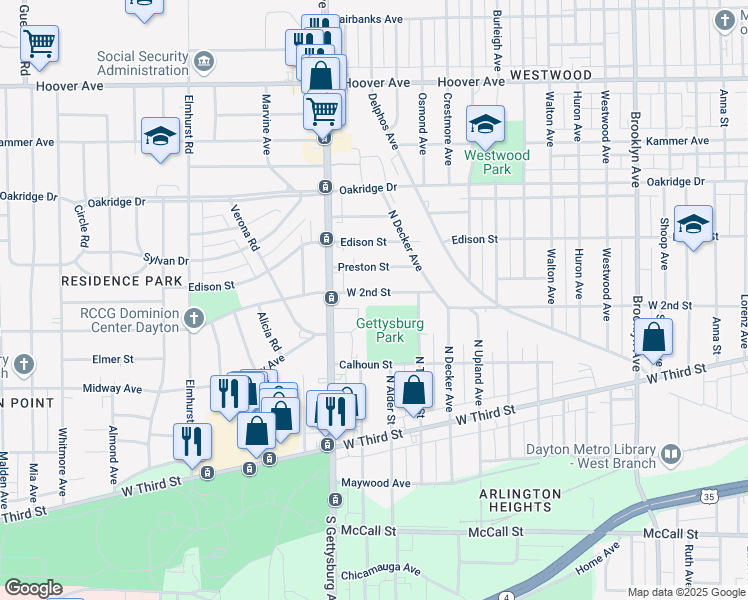 map of restaurants, bars, coffee shops, grocery stores, and more near 3728 West 2nd Street in Dayton