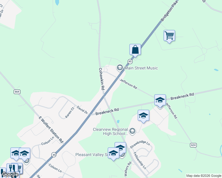 map of restaurants, bars, coffee shops, grocery stores, and more near 227 North Main Street in Harrison Township
