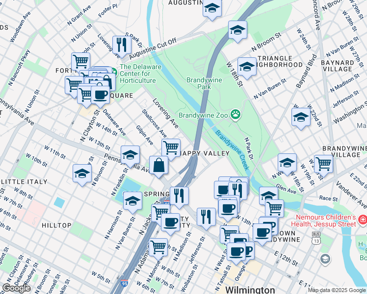 map of restaurants, bars, coffee shops, grocery stores, and more near 1100 Lovering Avenue in Wilmington