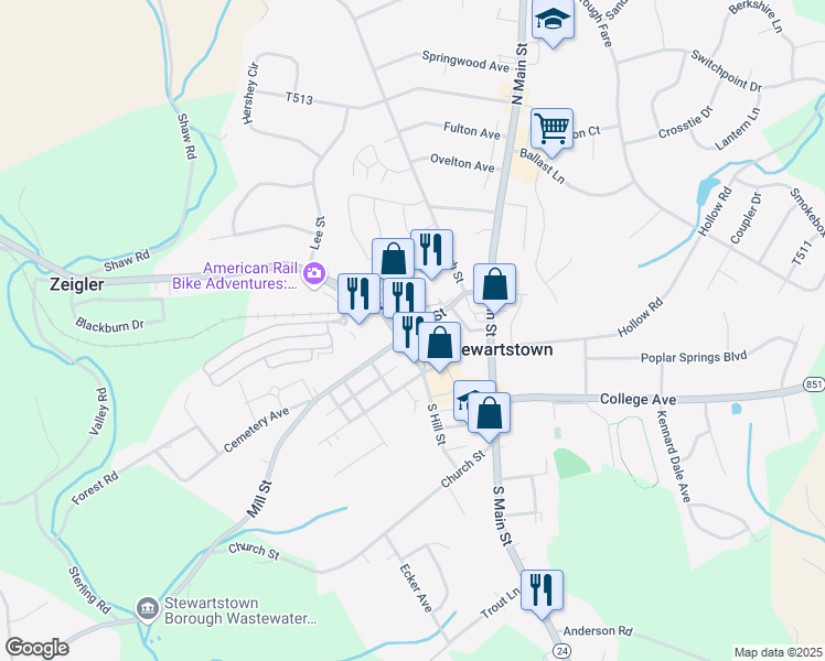 map of restaurants, bars, coffee shops, grocery stores, and more near Stewartstown Railroad in Stewartstown