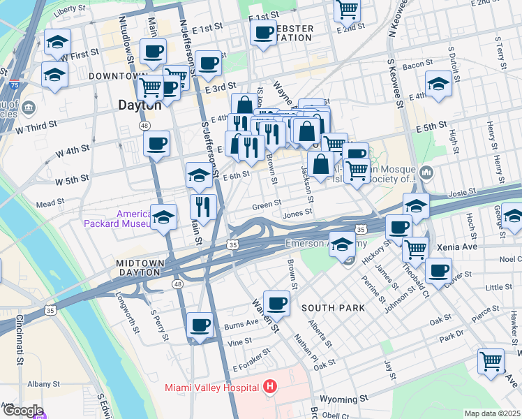 map of restaurants, bars, coffee shops, grocery stores, and more near 74 Green Street in Dayton