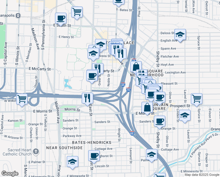 map of restaurants, bars, coffee shops, grocery stores, and more near 714 Buchanan Street in Indianapolis