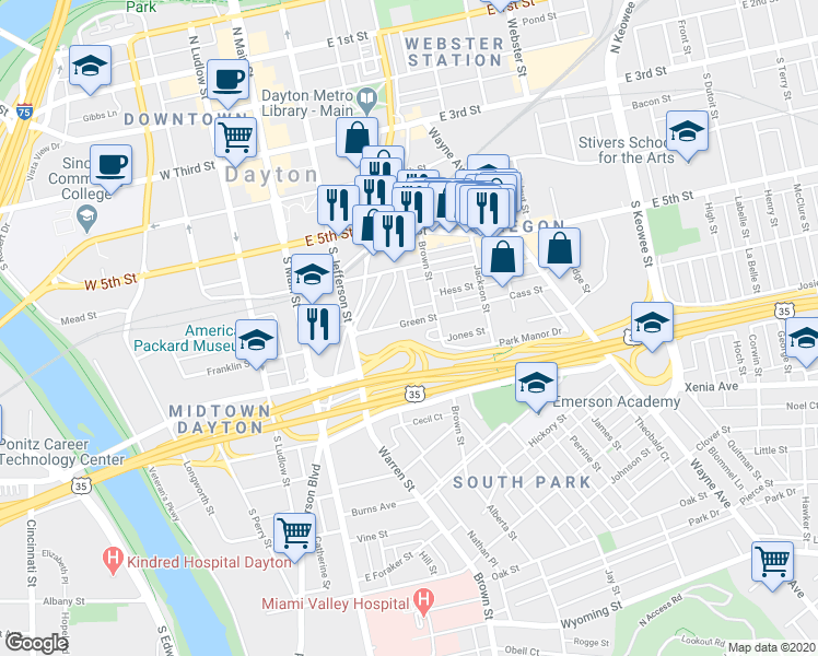 map of restaurants, bars, coffee shops, grocery stores, and more near 74 Green Street in Dayton