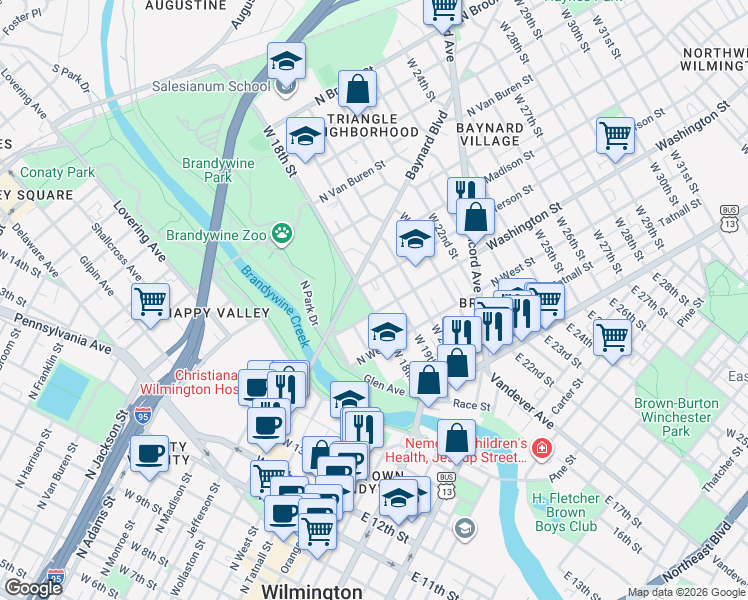 map of restaurants, bars, coffee shops, grocery stores, and more near 309 West 18th Street in Wilmington