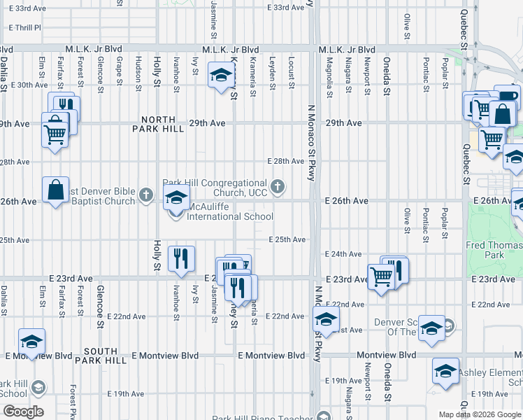 map of restaurants, bars, coffee shops, grocery stores, and more near 6200 East 26th Avenue in Denver