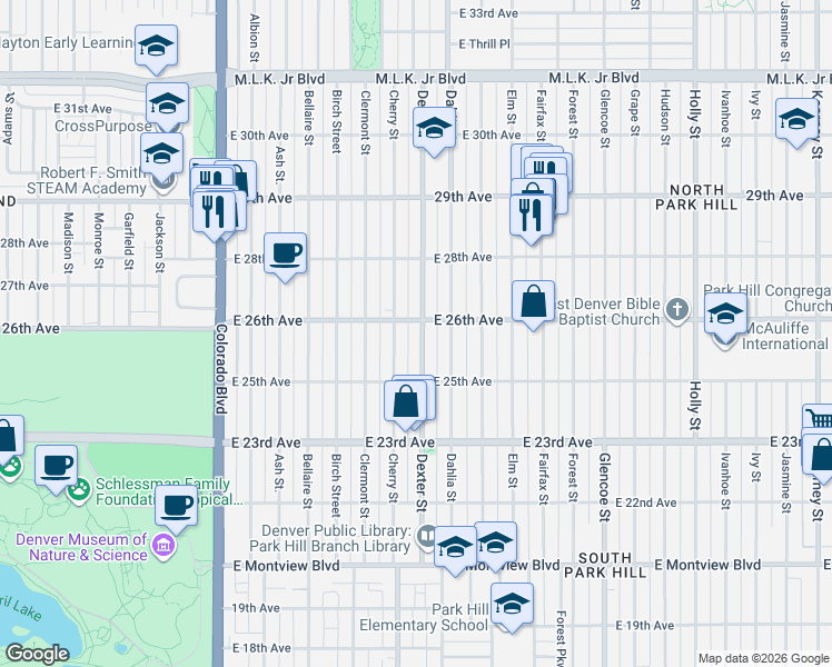 map of restaurants, bars, coffee shops, grocery stores, and more near 2588 Dexter Street in Denver