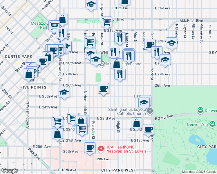 map of restaurants, bars, coffee shops, grocery stores, and more near 1819 East 26th Avenue in Denver