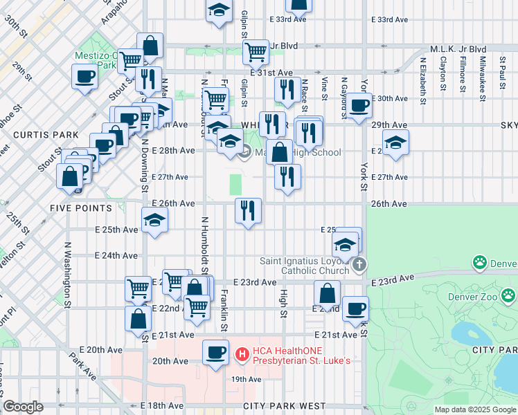 map of restaurants, bars, coffee shops, grocery stores, and more near 1726 East 26th Avenue in Denver