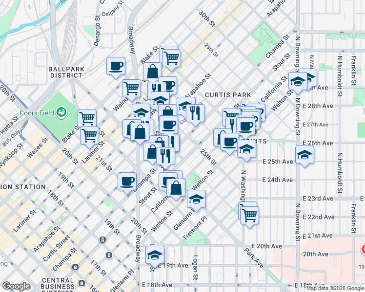 map of restaurants, bars, coffee shops, grocery stores, and more near in Denver