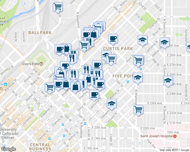 map of restaurants, bars, coffee shops, grocery stores, and more near in Denver