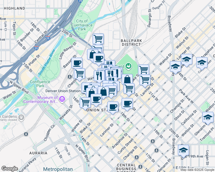 map of restaurants, bars, coffee shops, grocery stores, and more near 1601 19th Street in Denver
