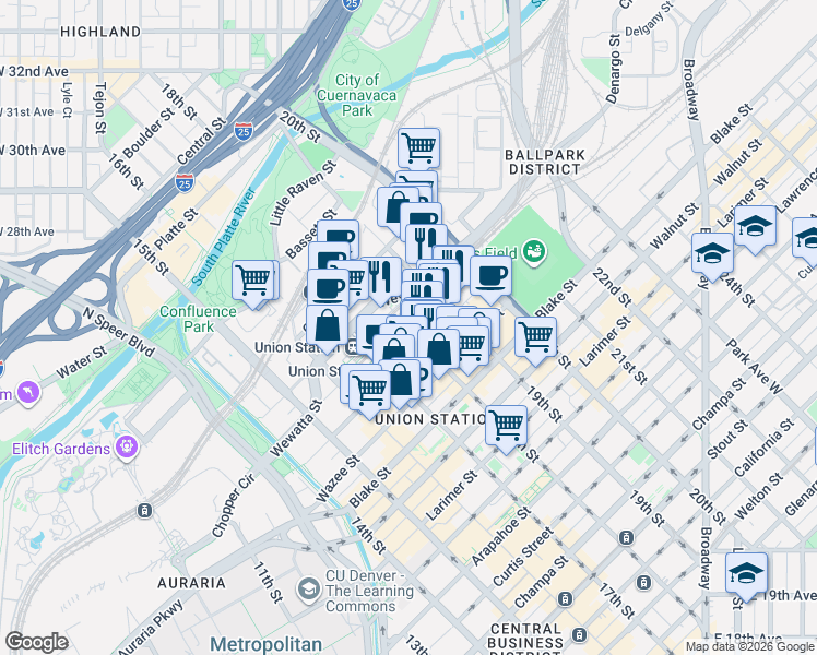 map of restaurants, bars, coffee shops, grocery stores, and more near 1899 Wynkoop Street in Denver