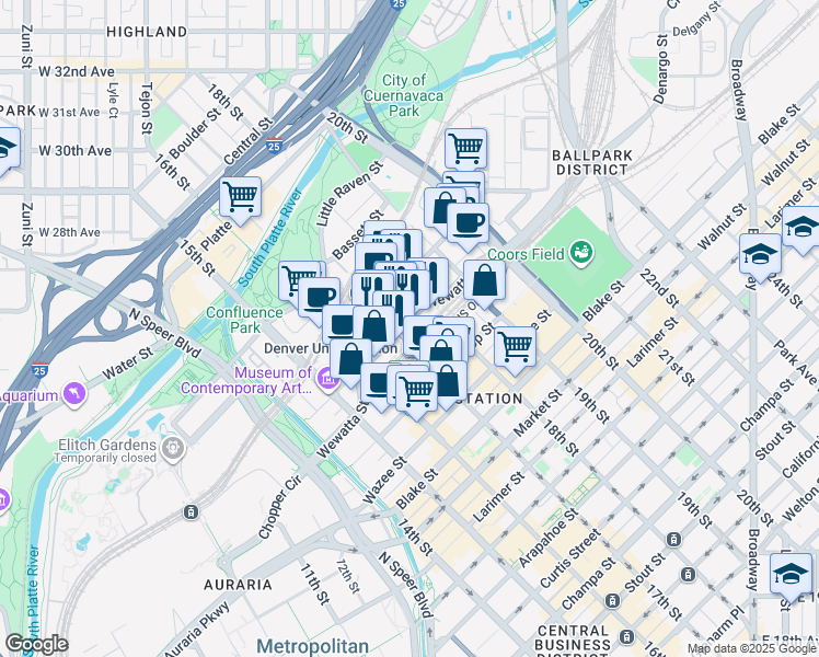 map of restaurants, bars, coffee shops, grocery stores, and more near 1920 17th Street in Denver