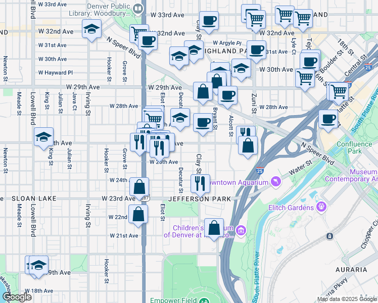 map of restaurants, bars, coffee shops, grocery stores, and more near 2714 West 26th Avenue in Denver