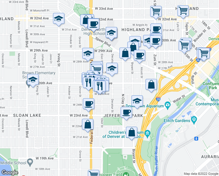 map of restaurants, bars, coffee shops, grocery stores, and more near 2812 West 26th Avenue in Denver