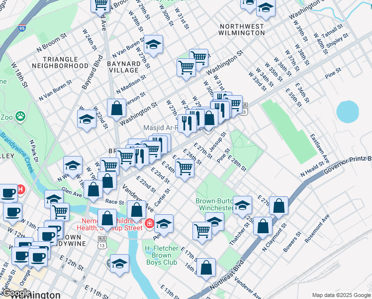 map of restaurants, bars, coffee shops, grocery stores, and more near 2602 North Market Street in Wilmington