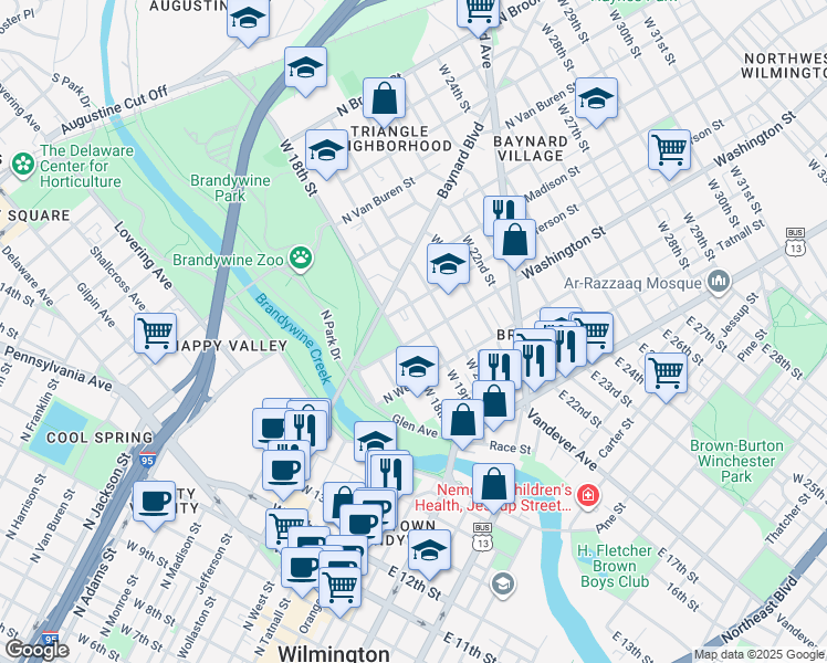 map of restaurants, bars, coffee shops, grocery stores, and more near 309 West 18th Street in Wilmington