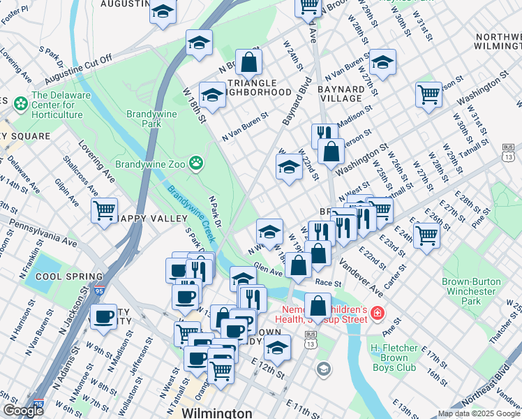 map of restaurants, bars, coffee shops, grocery stores, and more near 309 West 18th Street in Wilmington