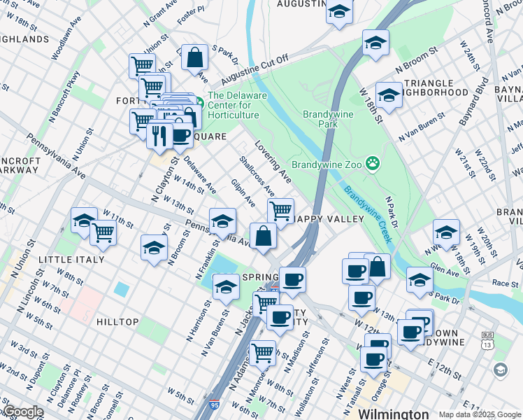 map of restaurants, bars, coffee shops, grocery stores, and more near 1203 Gilpin Avenue in Wilmington