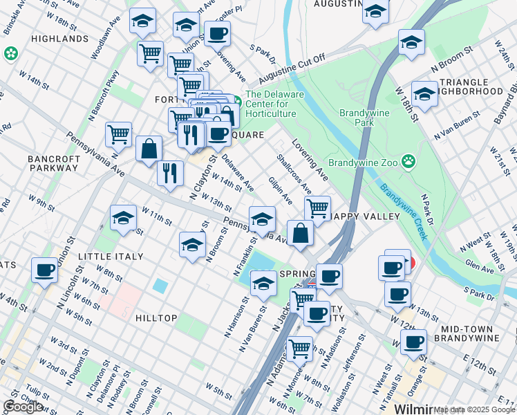 map of restaurants, bars, coffee shops, grocery stores, and more near 1310 Delaware Avenue in Wilmington