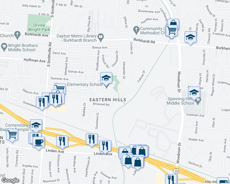 map of restaurants, bars, coffee shops, grocery stores, and more near 813 Cosler Drive in Dayton