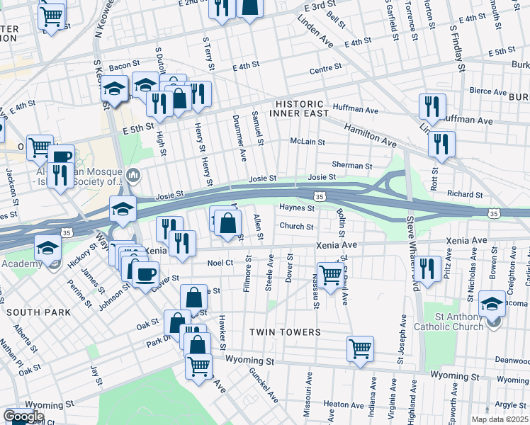 map of restaurants, bars, coffee shops, grocery stores, and more near 250 Allen Street in Dayton