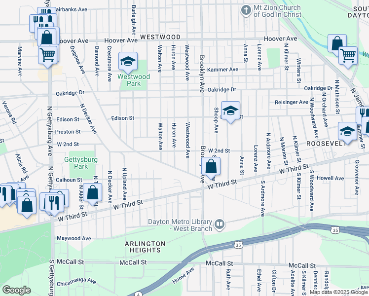 map of restaurants, bars, coffee shops, grocery stores, and more near 213 Westwood Avenue in Dayton