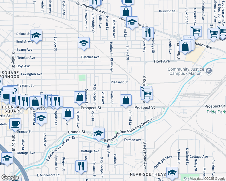 map of restaurants, bars, coffee shops, grocery stores, and more near 2118 Woodlawn Avenue in Indianapolis