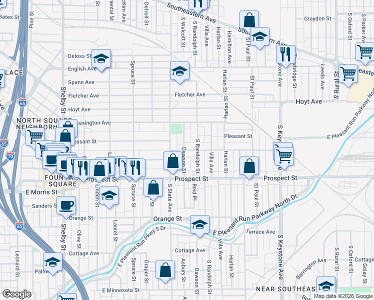 map of restaurants, bars, coffee shops, grocery stores, and more near 1832 Woodlawn Avenue in Indianapolis