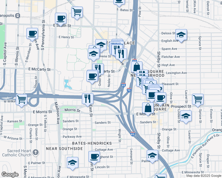 map of restaurants, bars, coffee shops, grocery stores, and more near 919 Noble Street in Indianapolis
