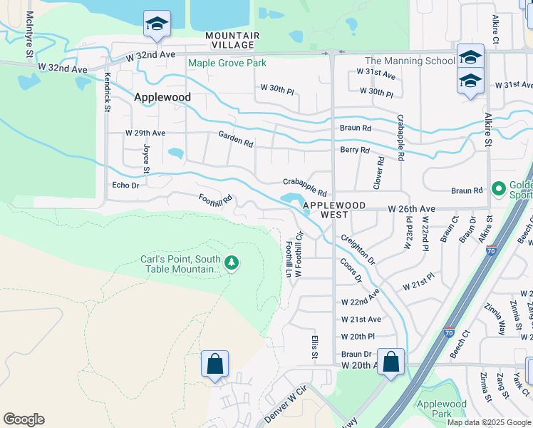map of restaurants, bars, coffee shops, grocery stores, and more near 14360 Foothill Road in Golden