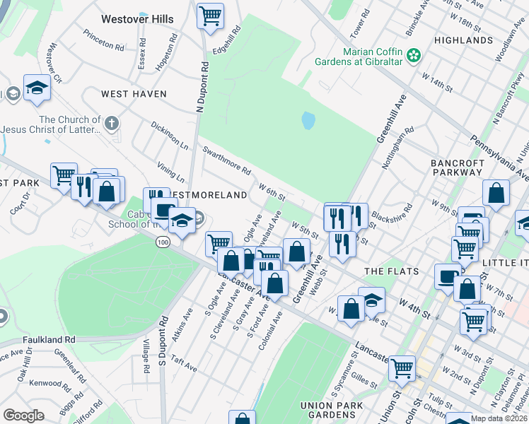 map of restaurants, bars, coffee shops, grocery stores, and more near 501 North Ogle Avenue in Wilmington
