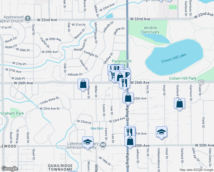 map of restaurants, bars, coffee shops, grocery stores, and more near 10210 West 26th Avenue in Lakewood