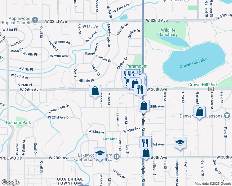 map of restaurants, bars, coffee shops, grocery stores, and more near 10240 West 26th Avenue in Lakewood