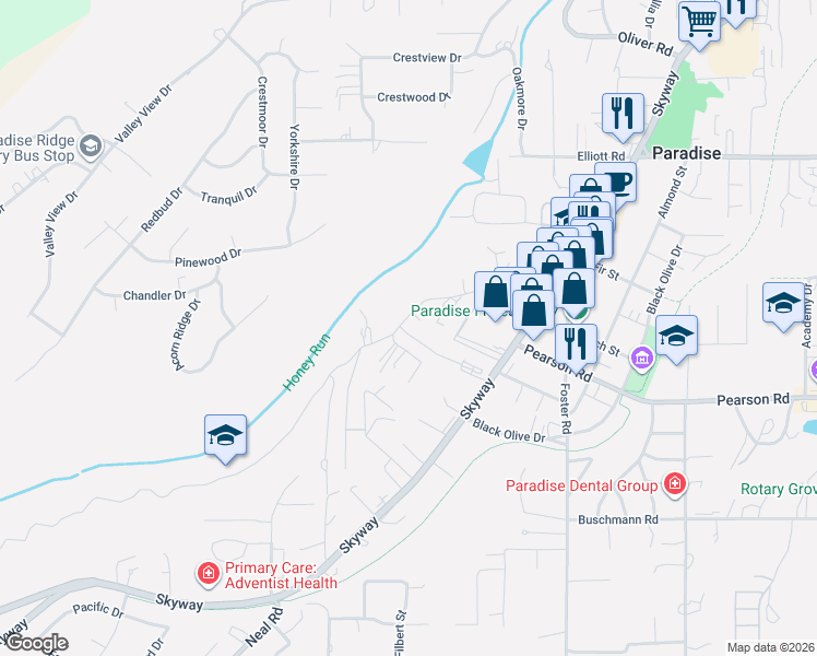 map of restaurants, bars, coffee shops, grocery stores, and more near 459 Friendly Way in Paradise
