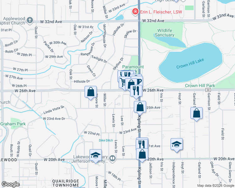 map of restaurants, bars, coffee shops, grocery stores, and more near 10200 County Road 34 in Wheat Ridge