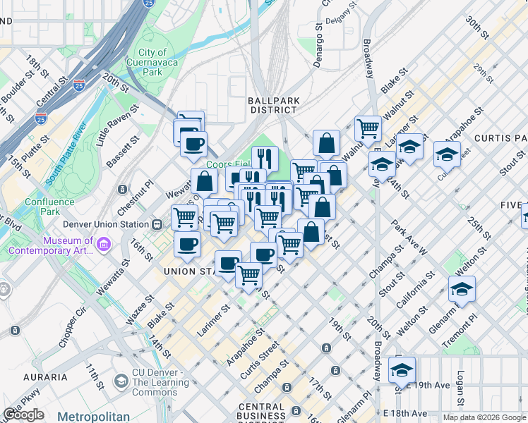 map of restaurants, bars, coffee shops, grocery stores, and more near Blake St & 20th St in Denver