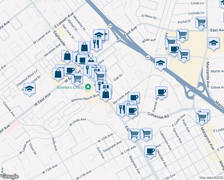 map of restaurants, bars, coffee shops, grocery stores, and more near 2347 Eugene Avenue in Chico
